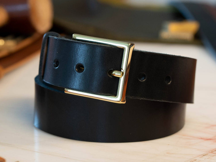 Cavalier Black English bridle leather dress belt with brass slim dress buckle, 1-1/2 inch wide