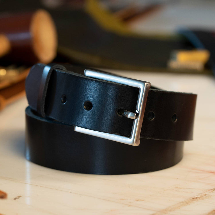 Black dress men’s leather belt with solid brass nickel matte buckle – Heritage Classico