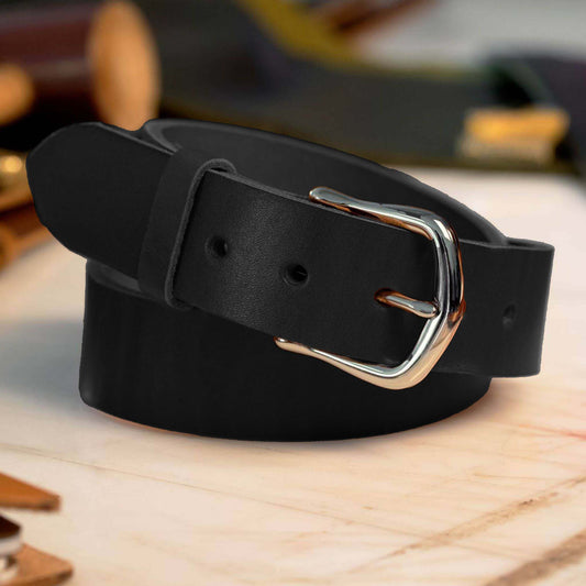 Black semi-dress men’s leather belt with solid brass chrome buckle – Heritage Timeless