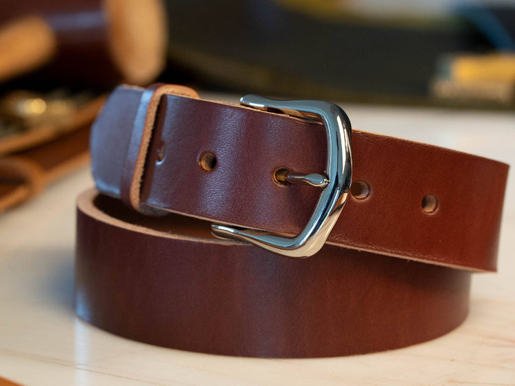 Heritage British Brown English bridle leather dress casual belt with chrome frame buckle, 1-1/2 inch wide