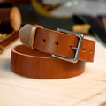 Chestnut casual men’s leather belt with solid brass nickel matte roller buckle – Heritage Hues