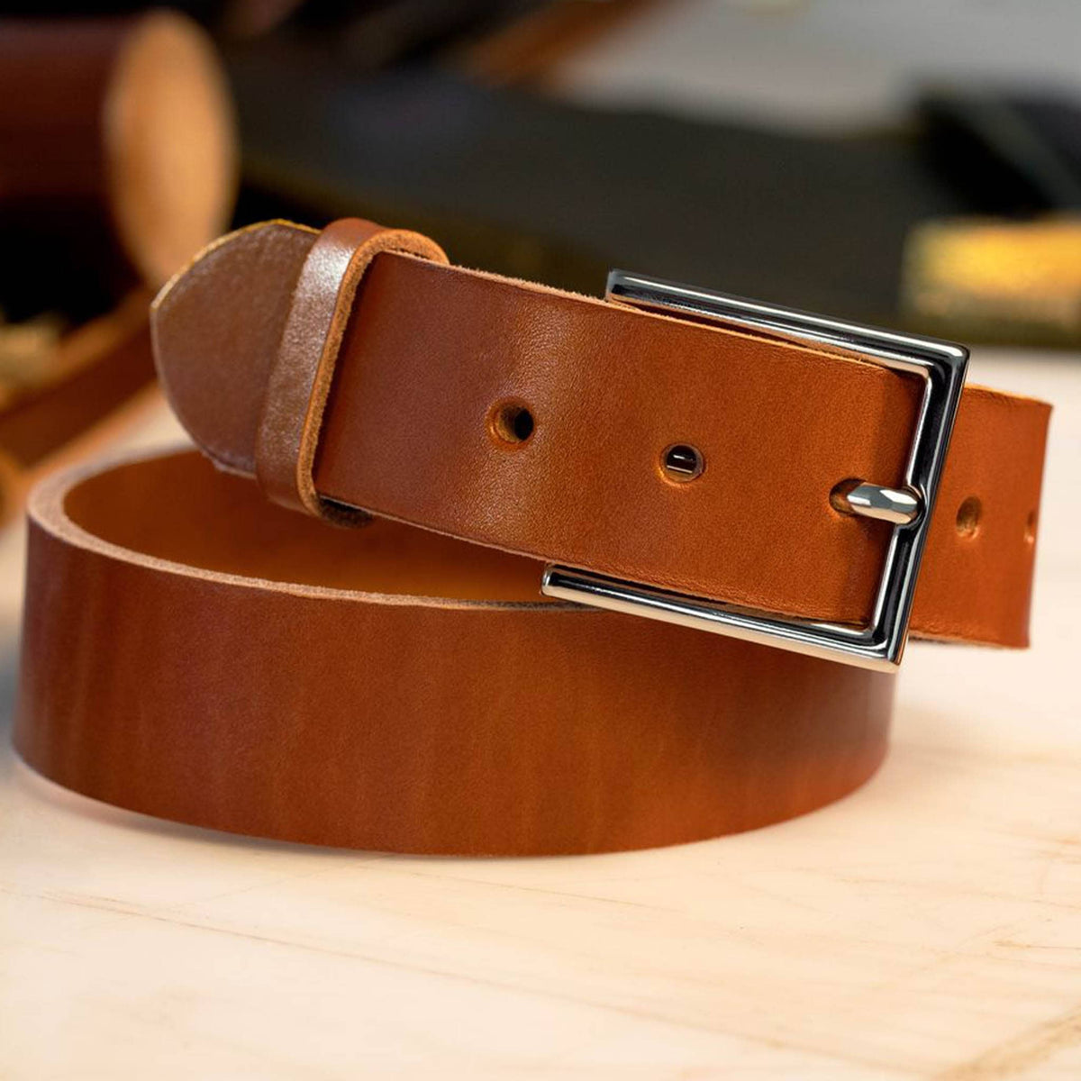 Chestnut dress men’s leather belt with solid brass chrome buckle – Heritage Classico