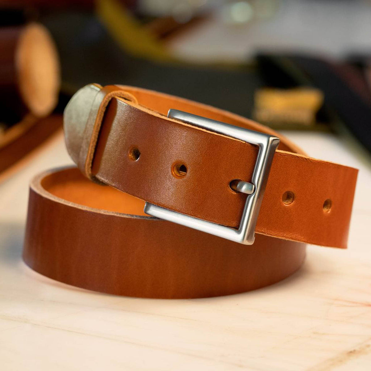 Chestnut dress men’s leather belt with solid brass nickel matte buckle – Heritage Classico