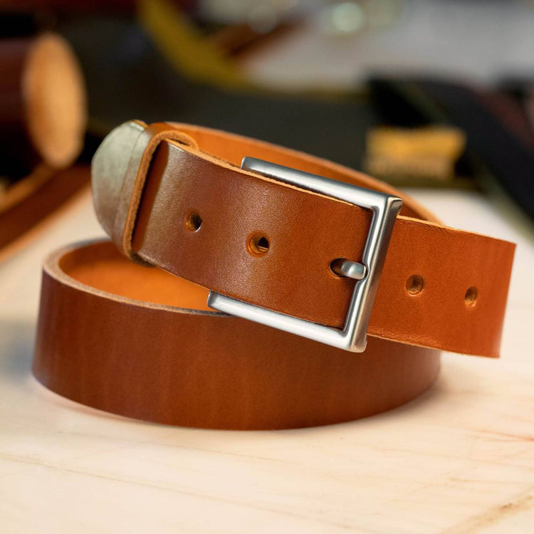 Chestnut dress men’s leather belt with solid brass nickel matte buckle – Heritage Classico