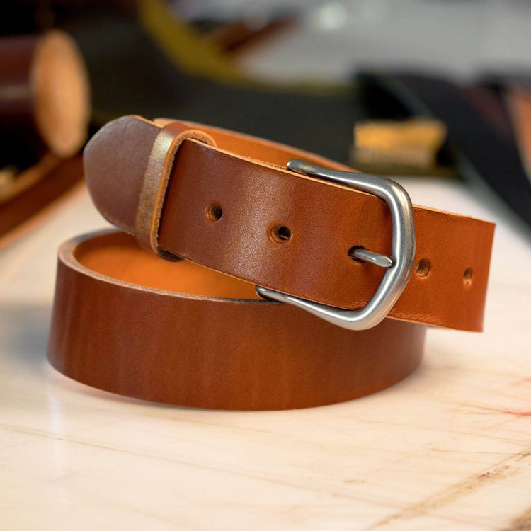 Heritage Chestnut English bridle leather dress casual belt with matte nickel frame buckle, 1-1/2 inch wide