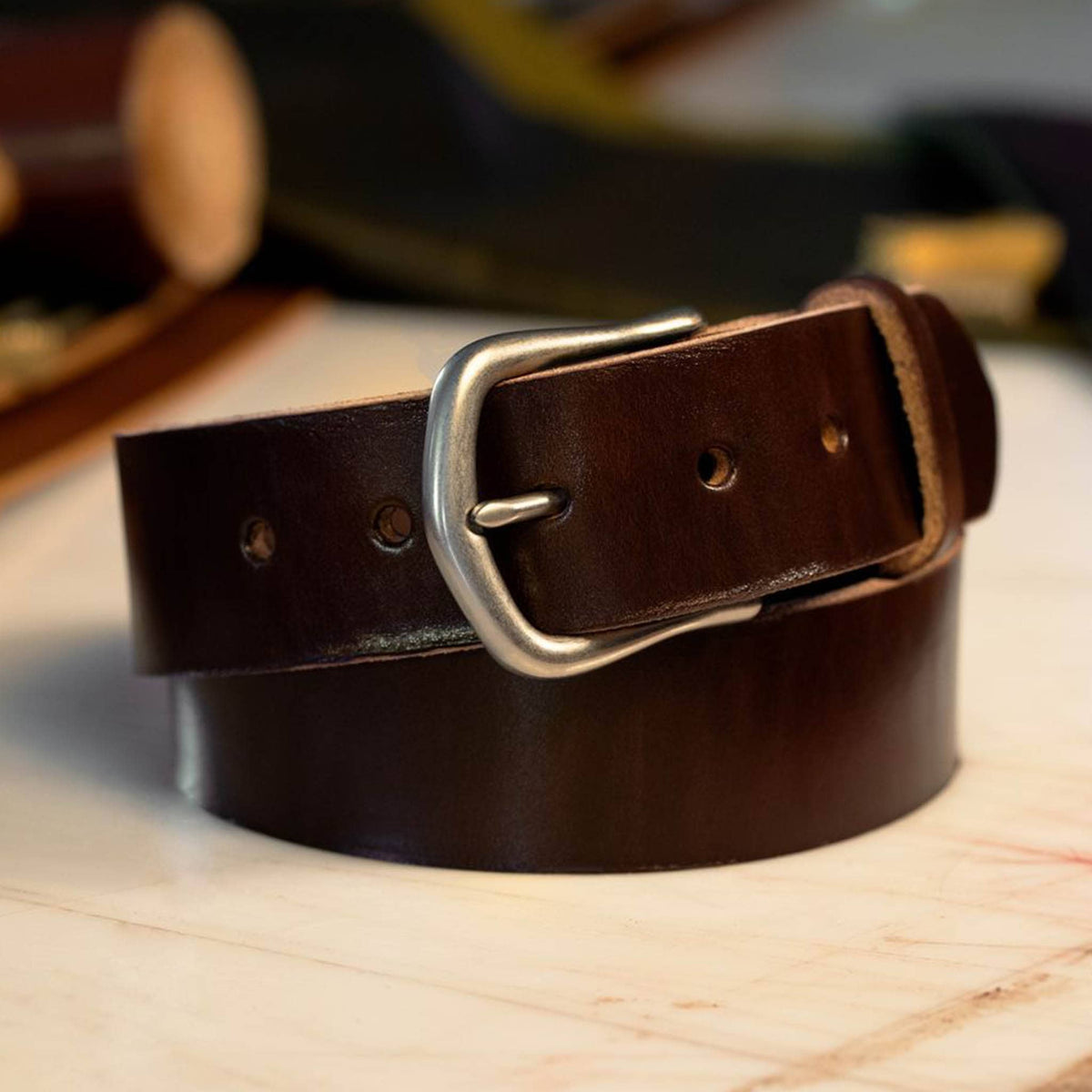 Heritage Havana English bridle leather dress casual belt with matte nickel frame buckle, 1-1/2 inch wide