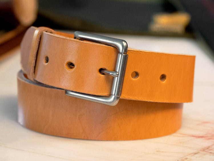 Foundry London Tan English bridle leather casual belt with matte nickel roller buckle, 1-1/2 inch wide