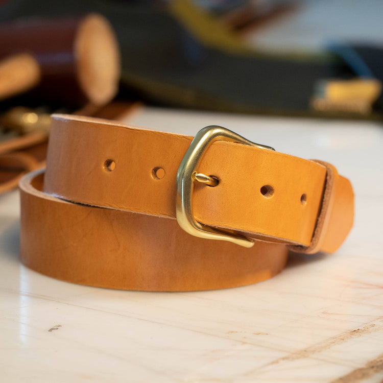Heritage London Tan English bridle leather dress casual belt with brass frame buckle, 1-1/2 inch wide