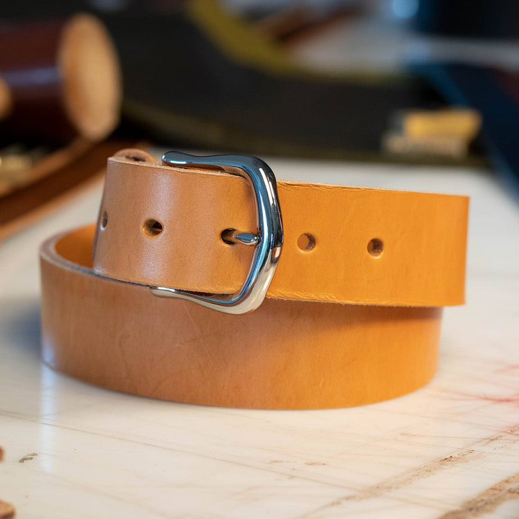 Heritage London Tan English bridle leather dress casual belt with chrome frame buckle, 1-1/2 inch wide