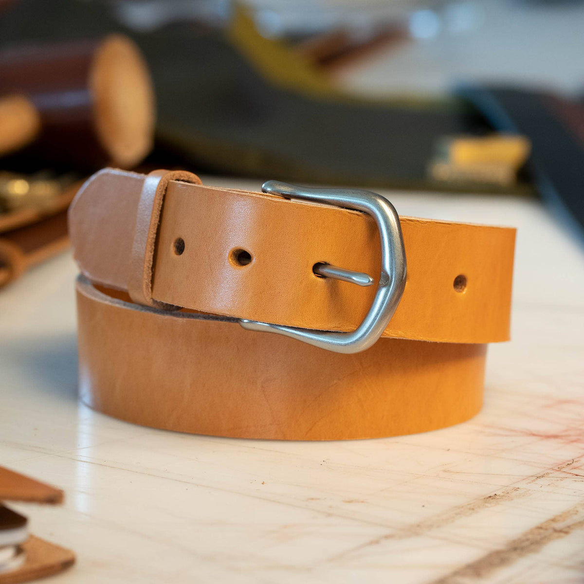 Heritage London Tan English bridle leather dress casual belt with matte nickel frame buckle, 1-1/2 inch wide