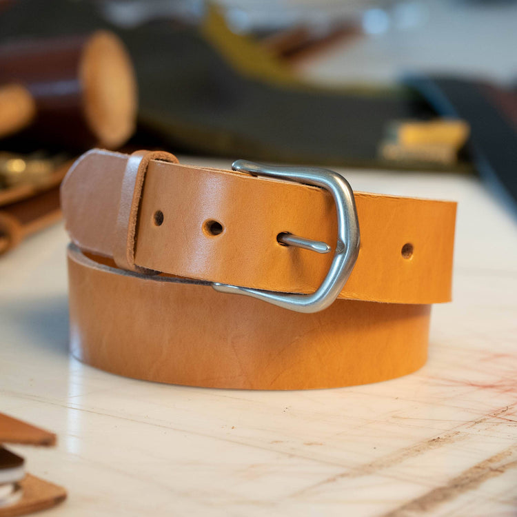 Heritage London Tan English bridle leather dress casual belt with matte nickel frame buckle, 1-1/2 inch wide